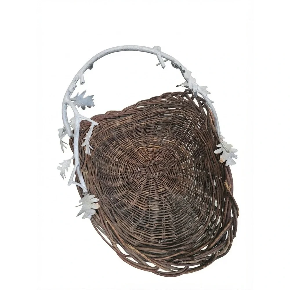 Woven Grapevine Wicker Harvest Basket Large Brown Metal Oak Branch Handle 29in